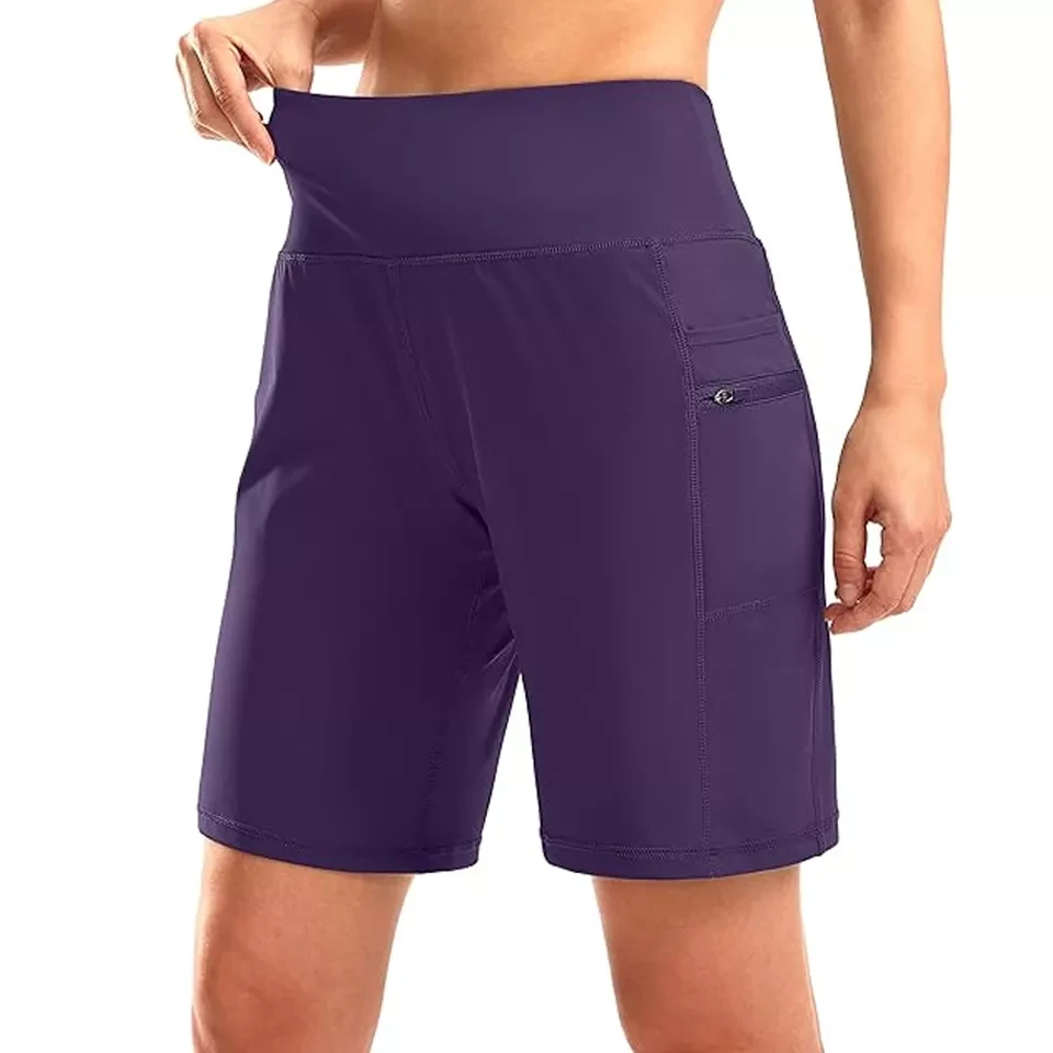 Women's High Waisted Shorts with Zipper Pockets Athletic Workout Long Shorts for Women Knee Len