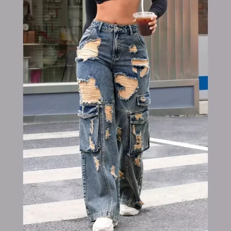 100% Cotton Breathable High Rise Women's Baggy Trousers Multi-Pockets Faded Washed Denim Wide L