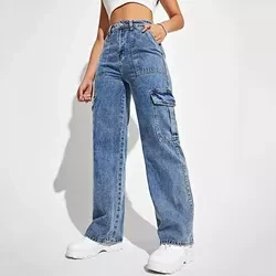 Custom Ladies Side Pocket Jeans Office Trousers Wide Leg Cargo Denim Pants for Women