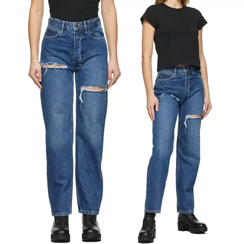 Fashion women jeans design blue high rise ripped straight leg distressed jeans