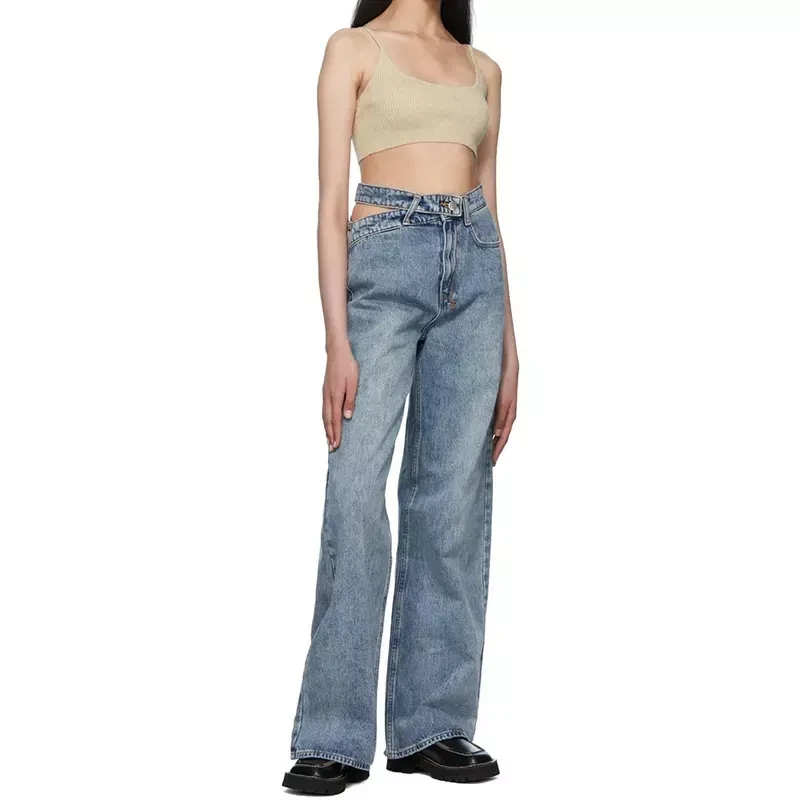 Hollow out high waist zip fly straight leg casual blue jean trousers for women