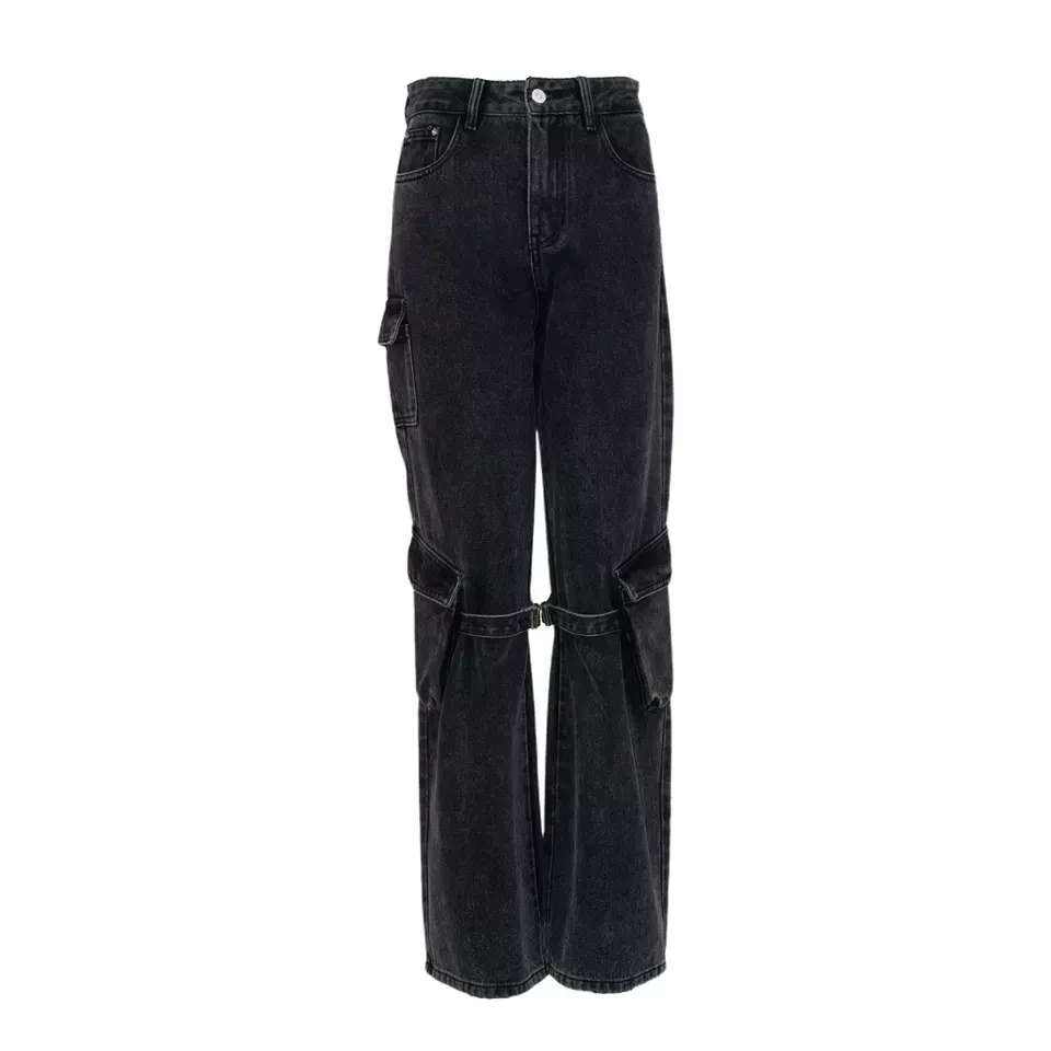 Side pockets cargo denim pants black color straight fit high waist for women