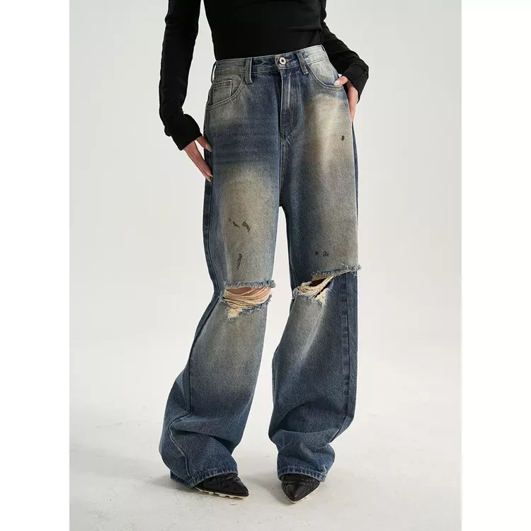 Straight Jeans Pants Tall Women Slimming Hip Hop Trousers Street Style Ripped Washed Old Loose Casua