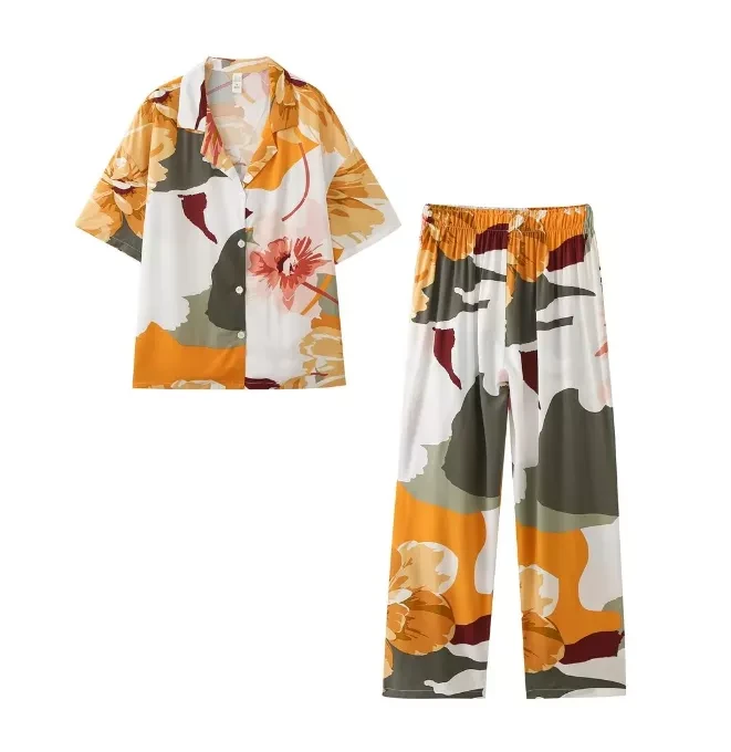 Woman fashion silk watermarked floral short sleeve trousers suit casual home clothes Latest