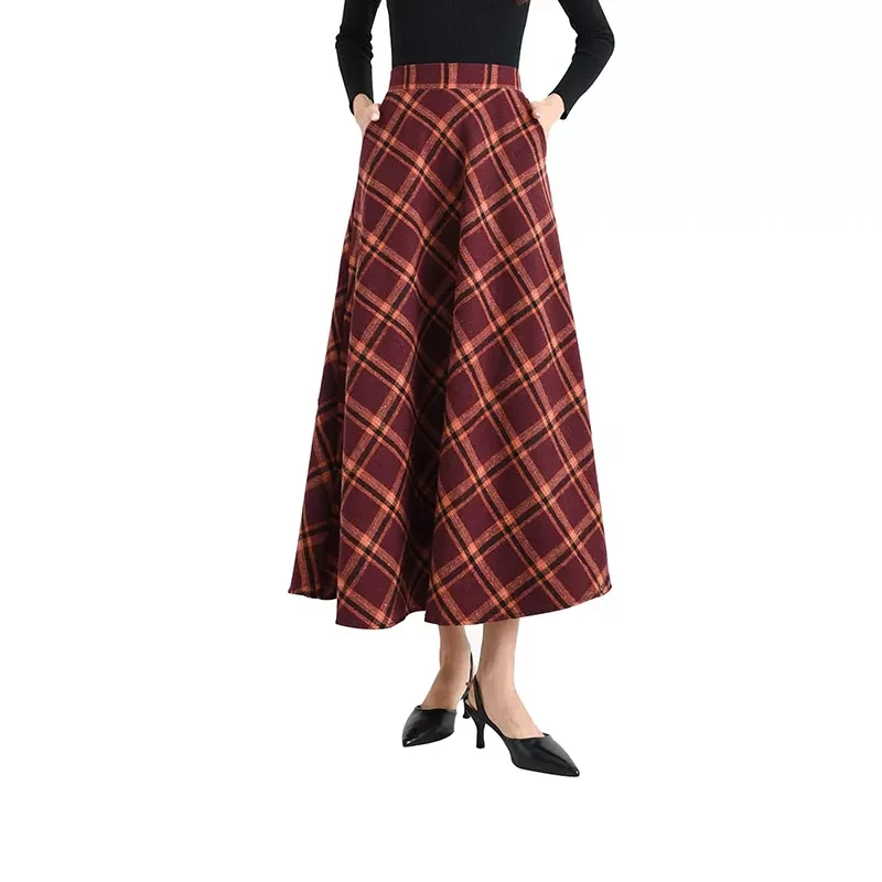 Women's Winter Plaid Maxi Skirt Elegant High Waist Warm Wool Long Elastic Waist Pleated Skirt S