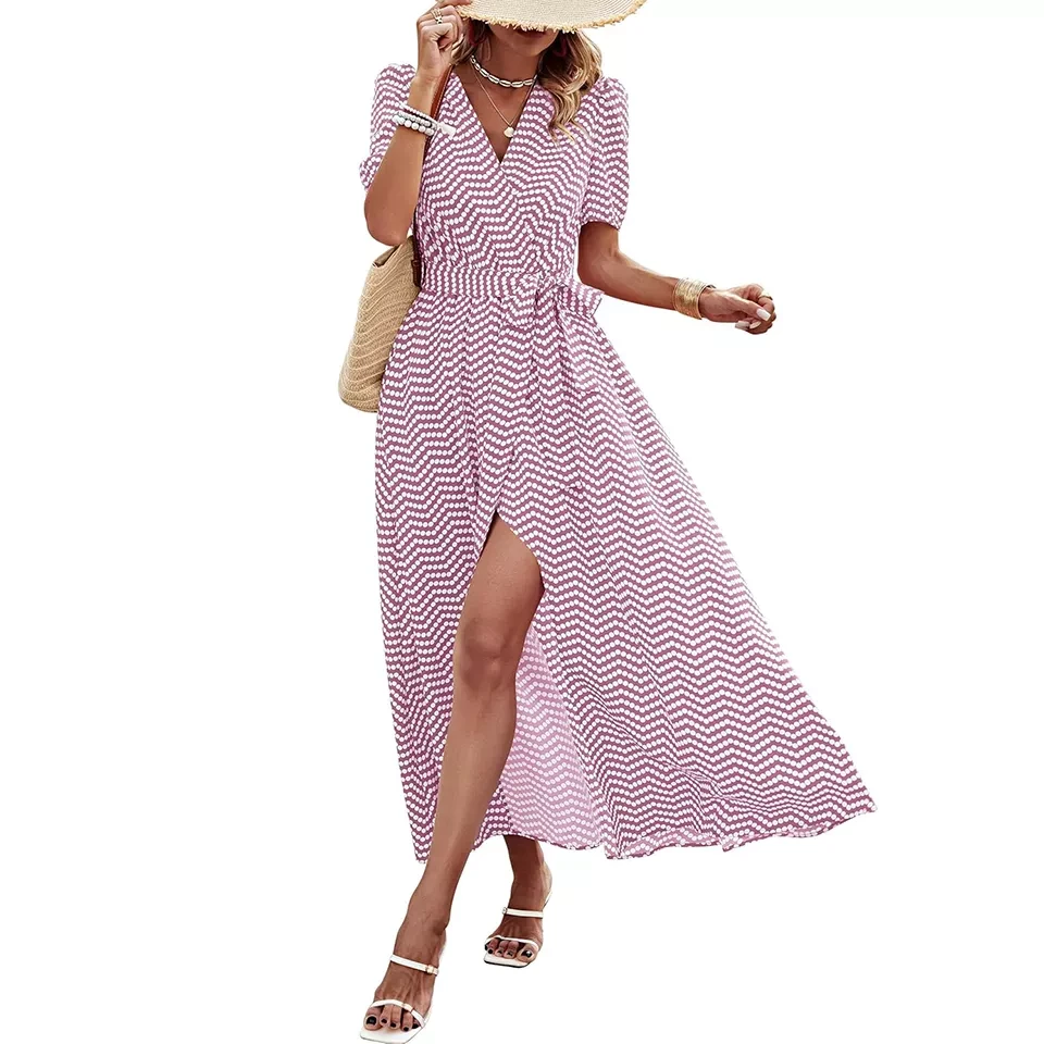 Women's Summer Wrap Maxi Dress Casual Boho Floral V Neck Short Sleeve Ruffle Hem Split Beach Lo