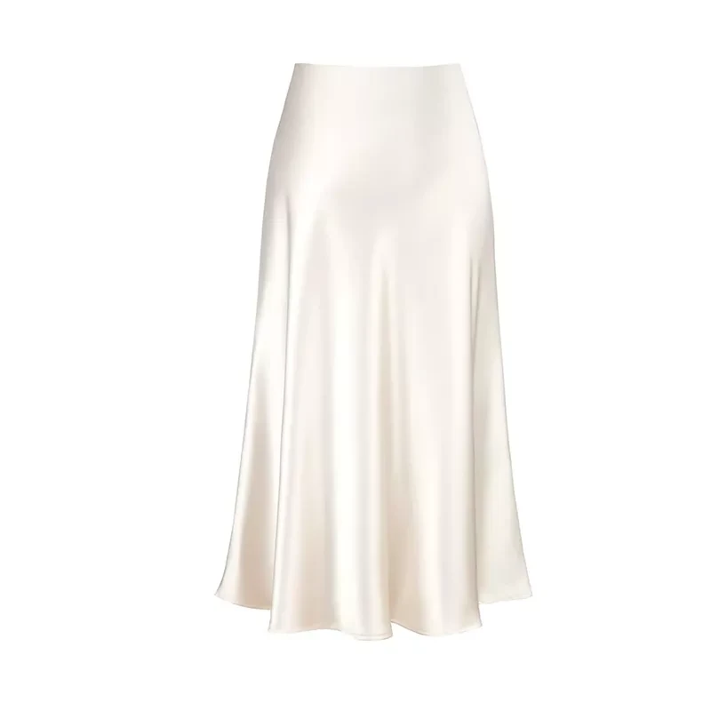 Women's Satin High Waist Hidden Elasticized Waistband Flared Casual A Line Midi Skirt