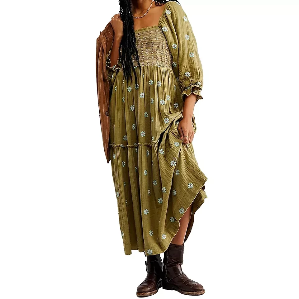 Women Floral Embroidered Maxi Dress Long Puff Sleeve Square Neck Bohemian Flowy Dress with Pockets S