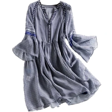Silk Soft Beach V Neck Striped Women Mid Length Bell Sleeve Dress