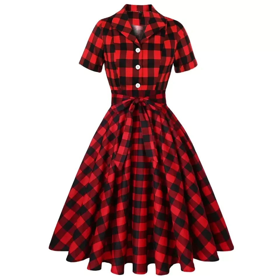 Retro sexy lapel cardigan short sleeve fresh print dress cotton with belt