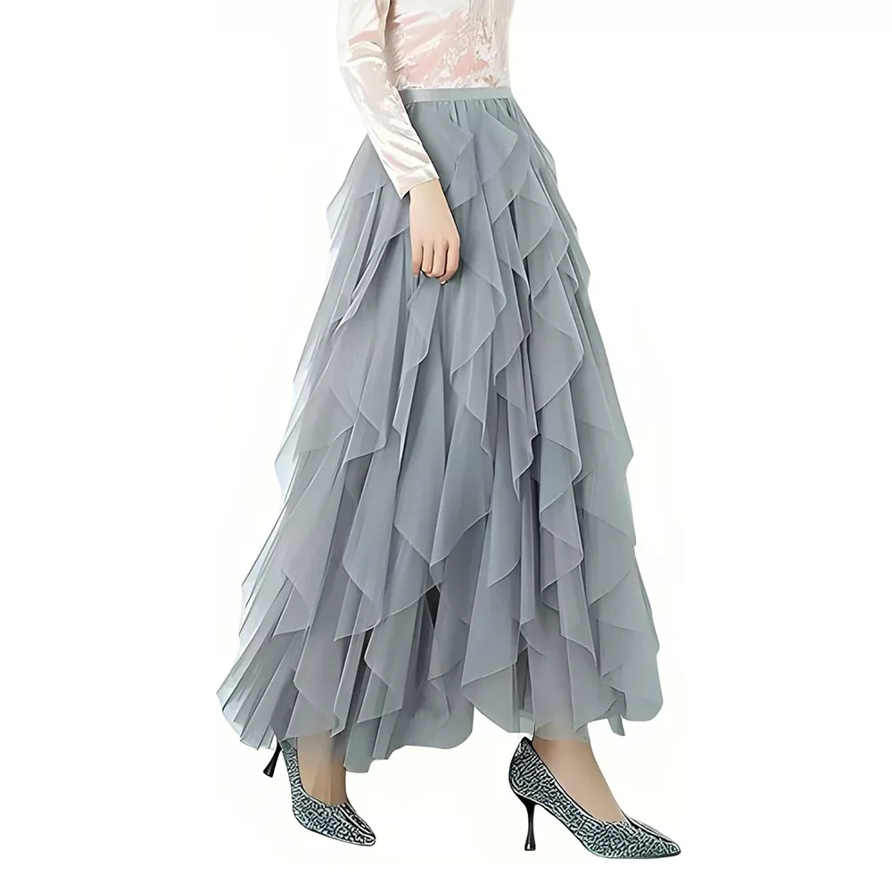 Grey Blue Women's Long Rainbow A Line Tulle Tutu Skirts Tiered Skirt Petticoat