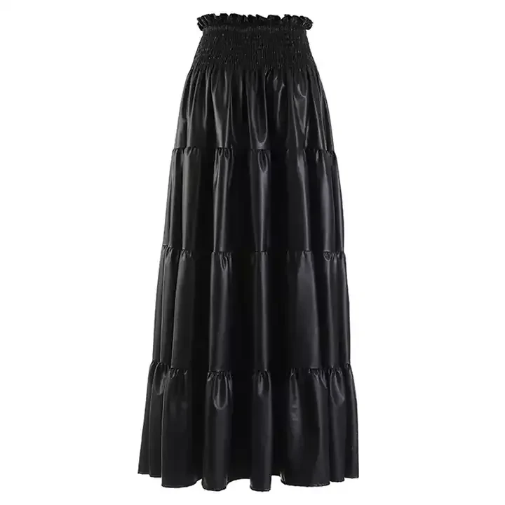 French Retro Style Pleated Elastic Tube Top PU leather skirts Spring Autumn Women's Skirts New 