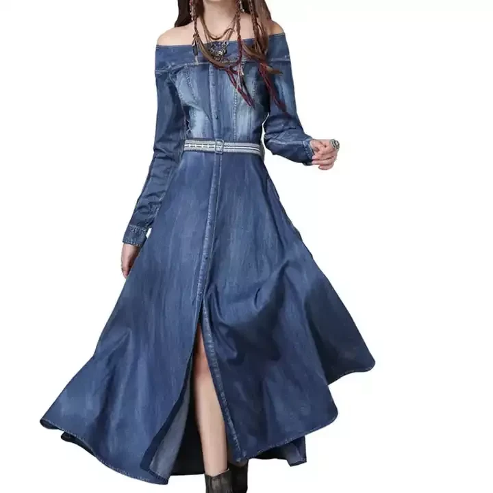 Denim cotton slash neck embroidery belt dresses with slit dresses