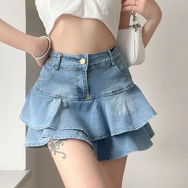D Vintage Denim Shorts Skirts Women Summer 2024 Streetwear Washed Kawaii cute sexy Ruffles Mini Jean
