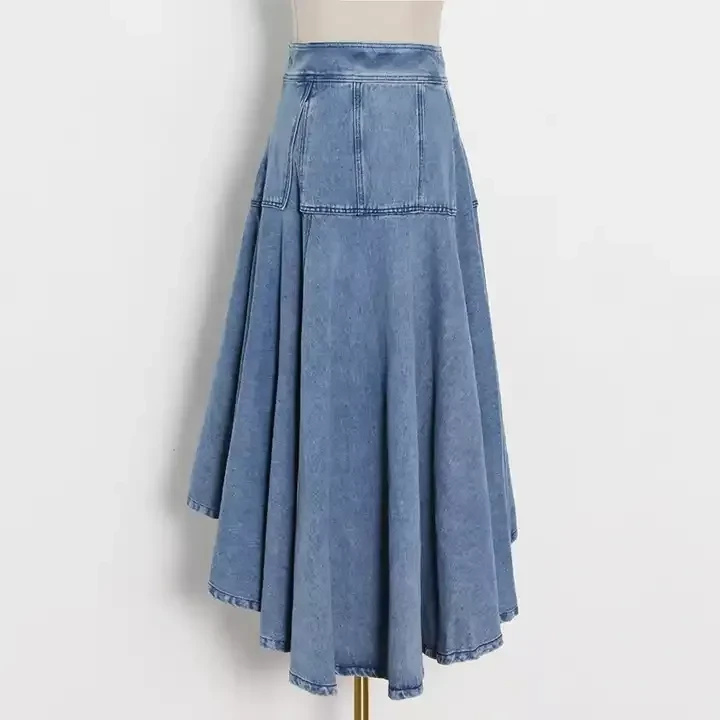 Blue fashion denim patchwork ruffles asymmetrical hem womens skirt OEM Fashion Summer Custom Logo dr